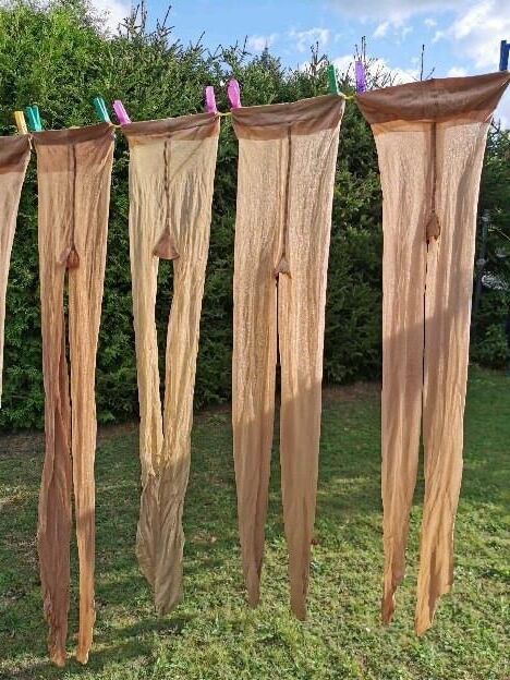 Hanging Hosiery, pantyhose drawers, discarded nylon and vintage 