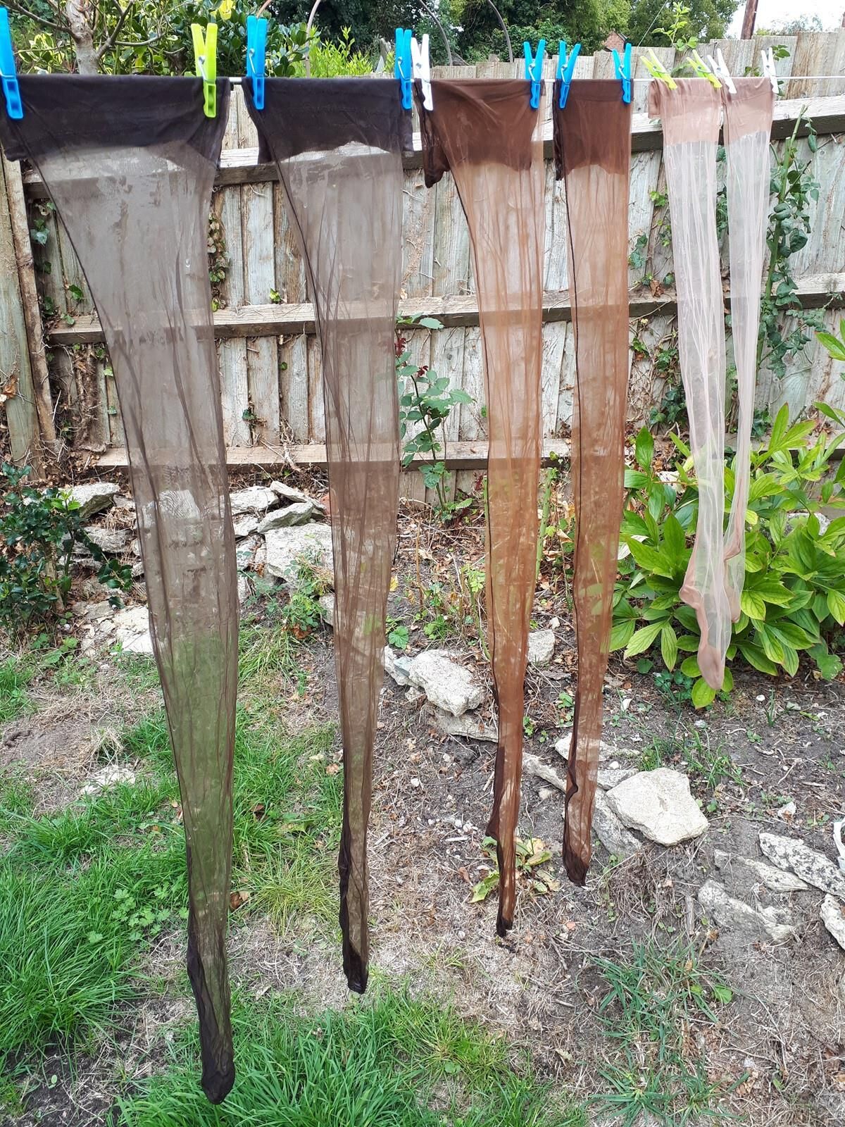 Hanging Hosiery, pantyhose drawers, discarded nylon and vintage 