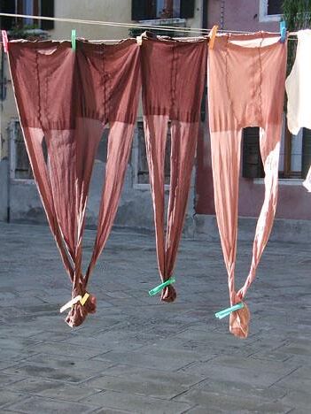 Hanging Hosiery, pantyhose drawers, discarded nylon and vintage 