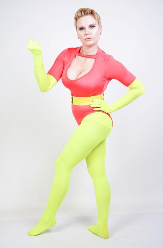 Non nude stock image short hair yellow red leotard super hero fe