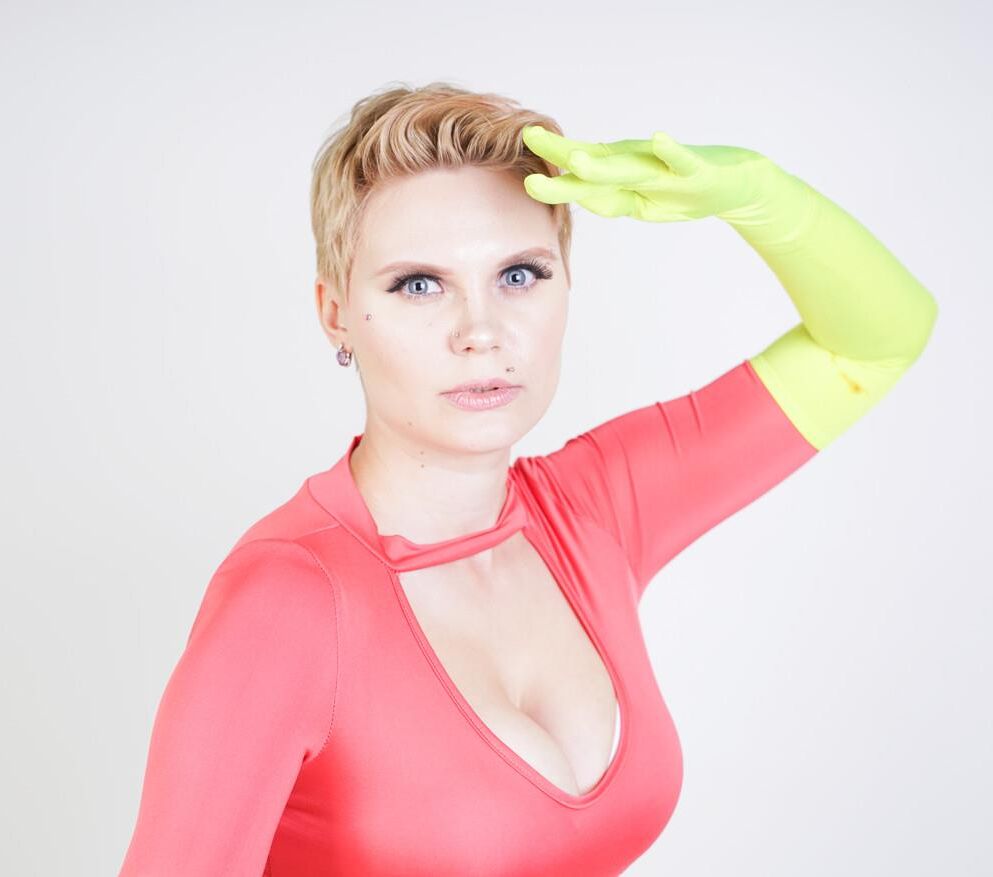 Non nude stock image short hair yellow red leotard super hero fe