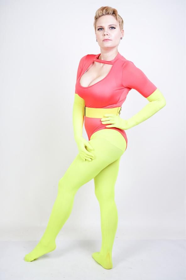 Non nude stock image short hair yellow red leotard super hero fe