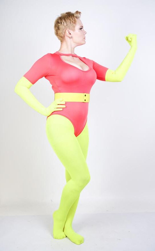 Non nude stock image short hair yellow red leotard super hero fe