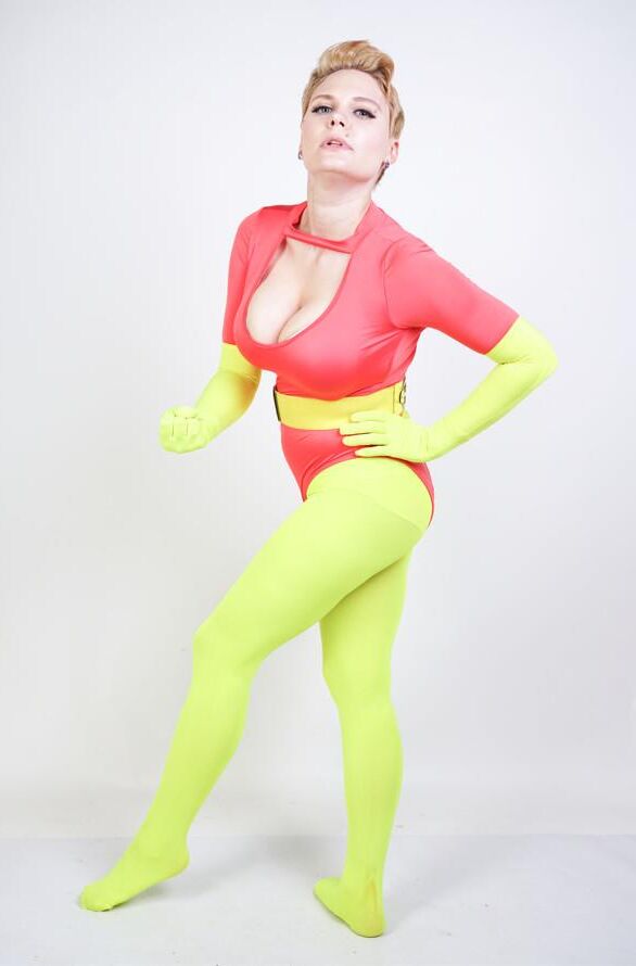 Non nude stock image short hair yellow red leotard super hero fe