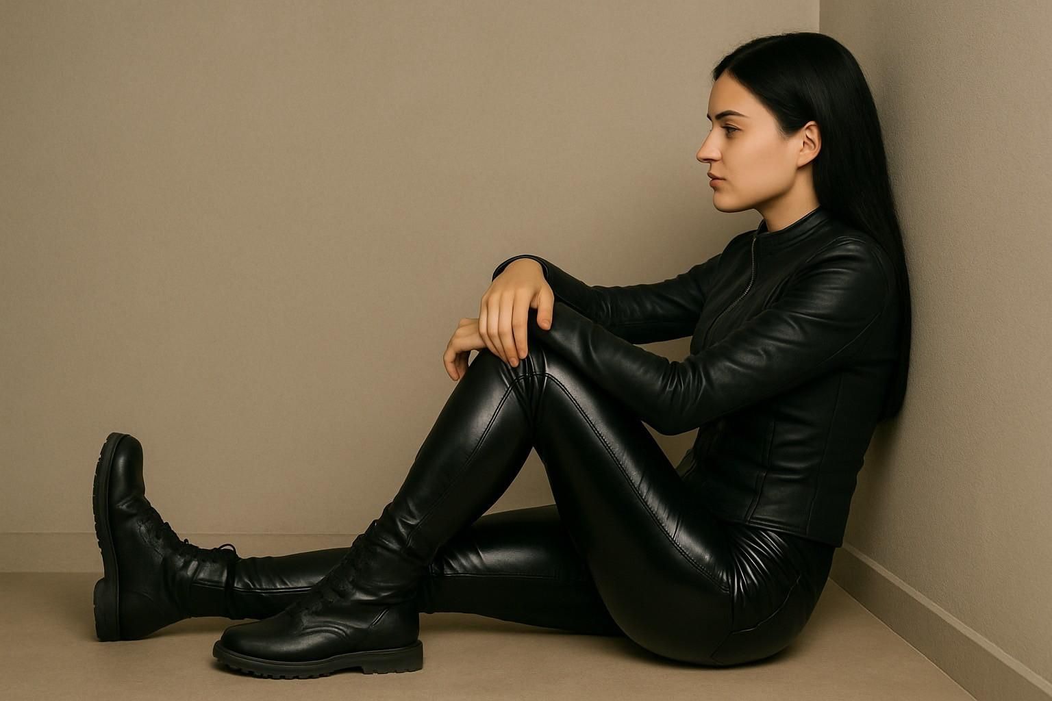 AI raven haired girl in leather pants