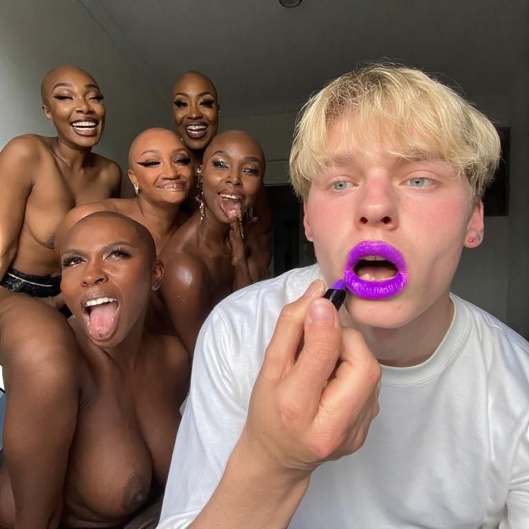 Black women feminizing white boys with lipstick