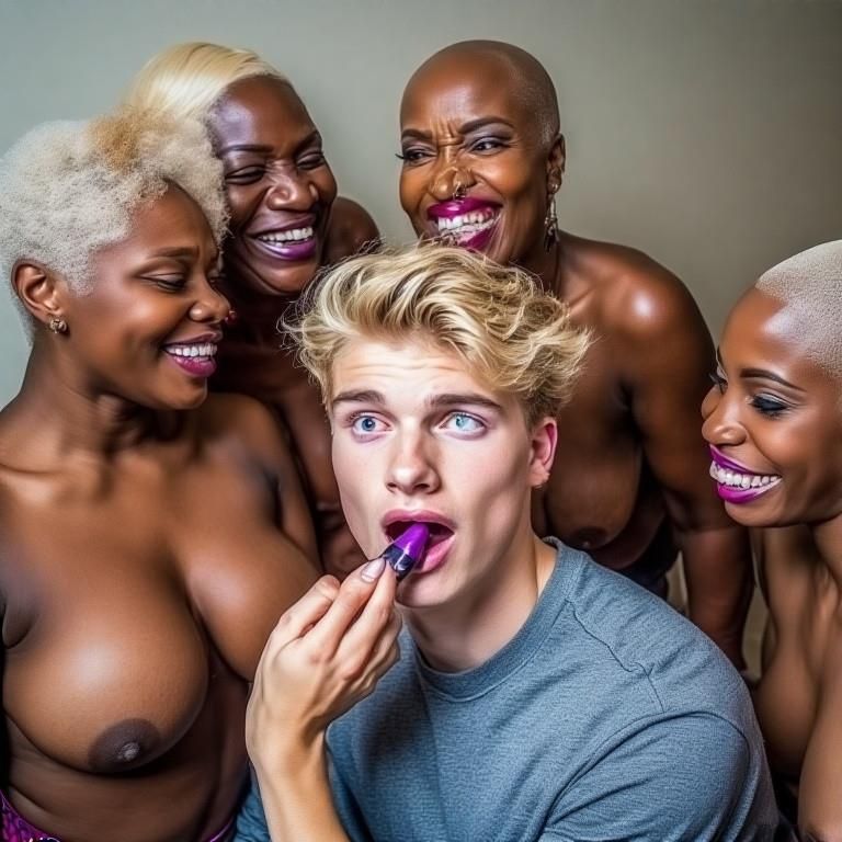 Black women feminizing white boys with lipstick