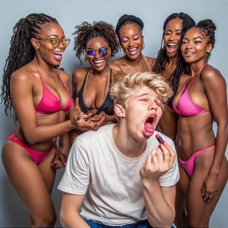 Black women feminizing white boys with lipstick