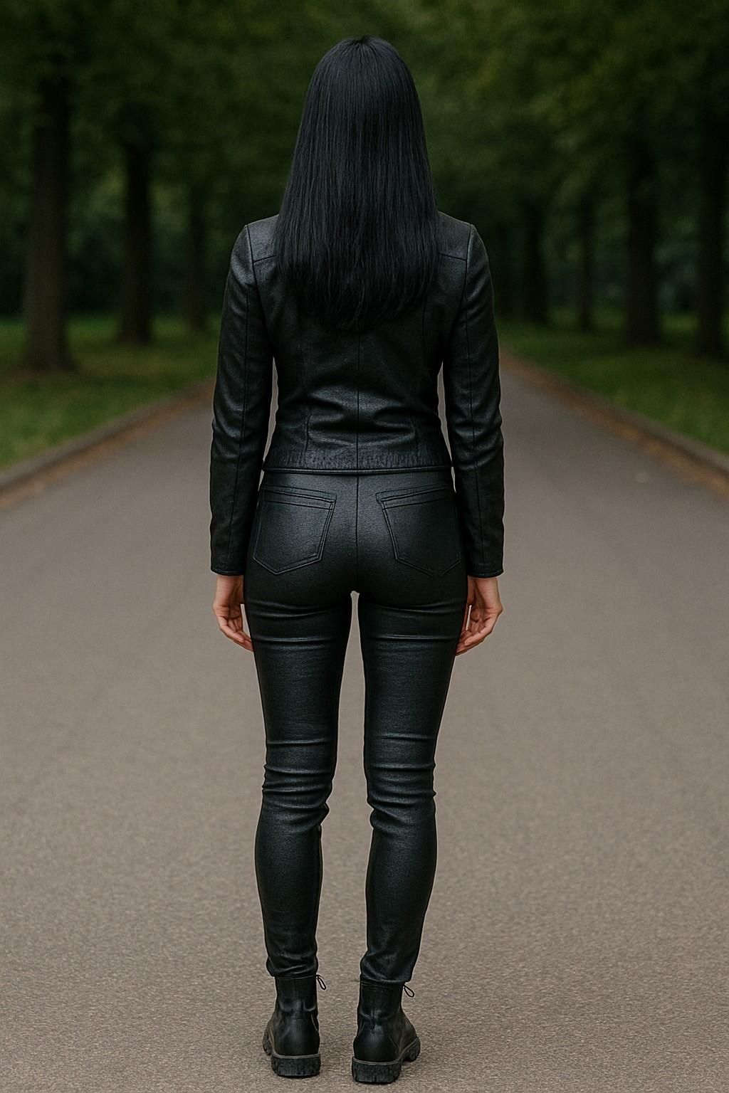 AI raven haired girl in leather pants