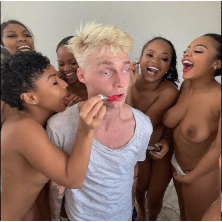 Black women feminizing white boys with lipstick