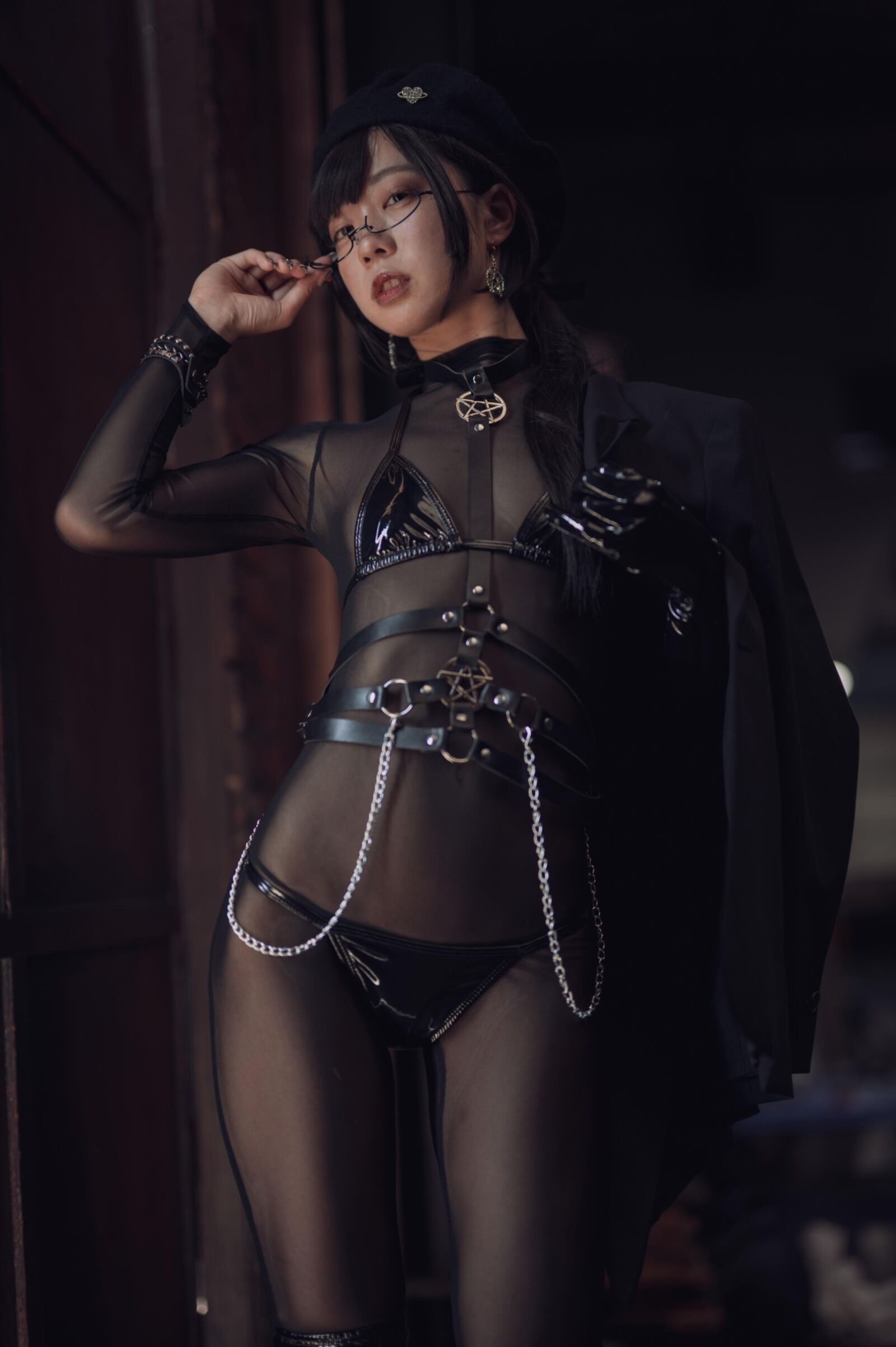 Asiático, falta, nylons