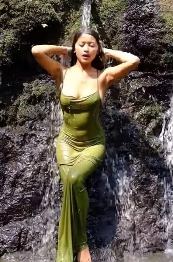 Vestido verde longo e molhado