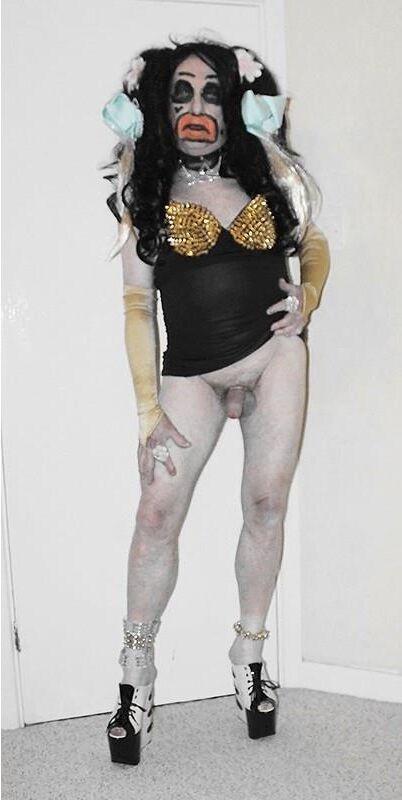 Brunette slut in gold studded dress