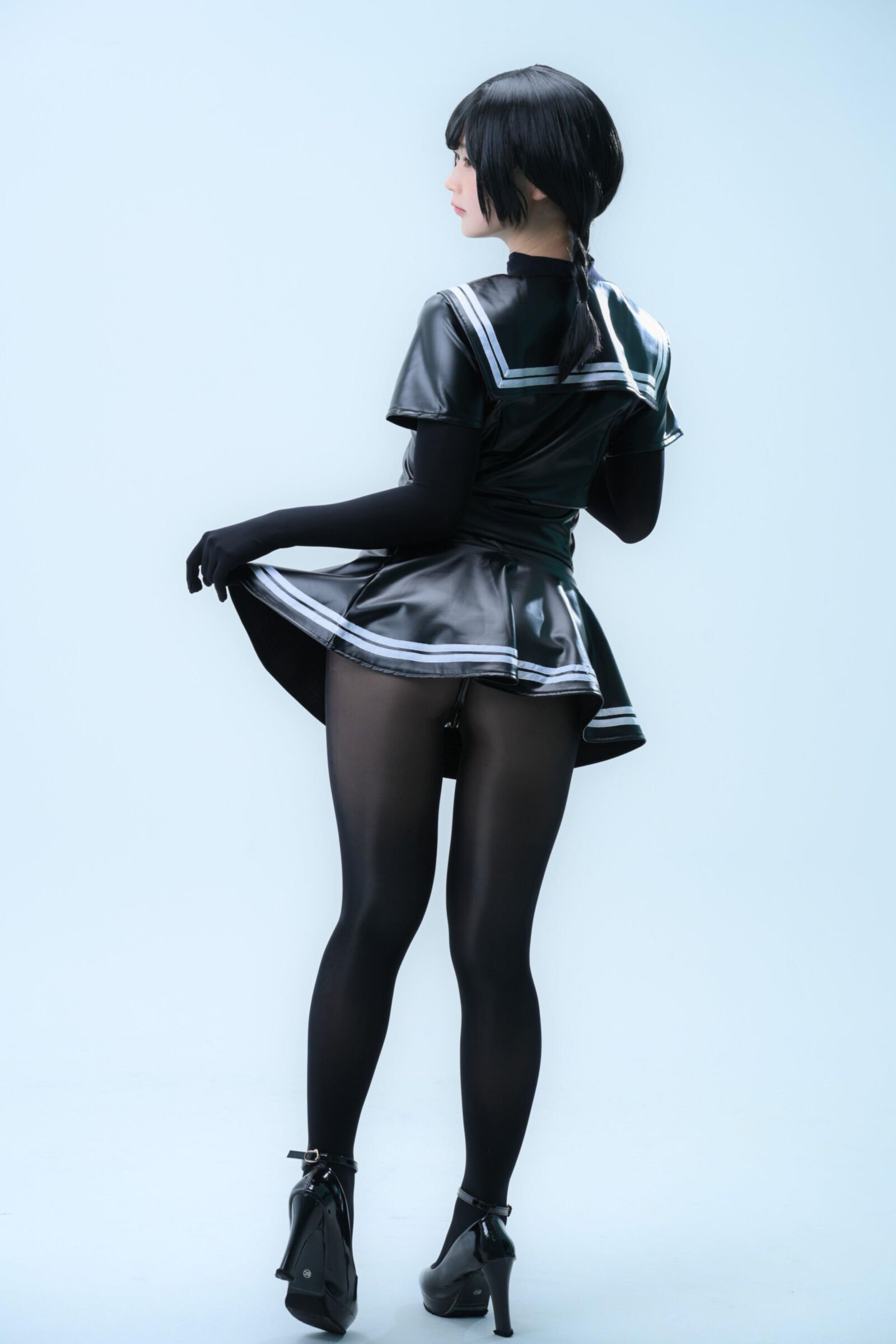 Asiático, falta, nylons