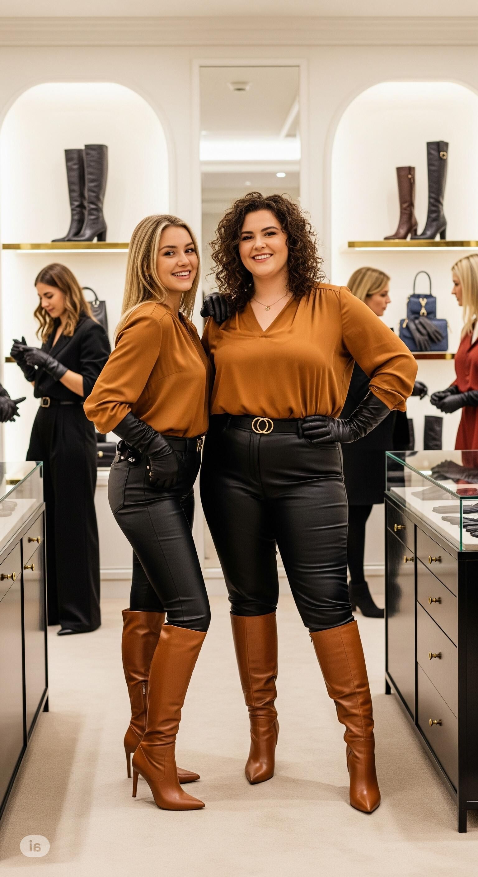 Caramel colored boots and leather trousers 