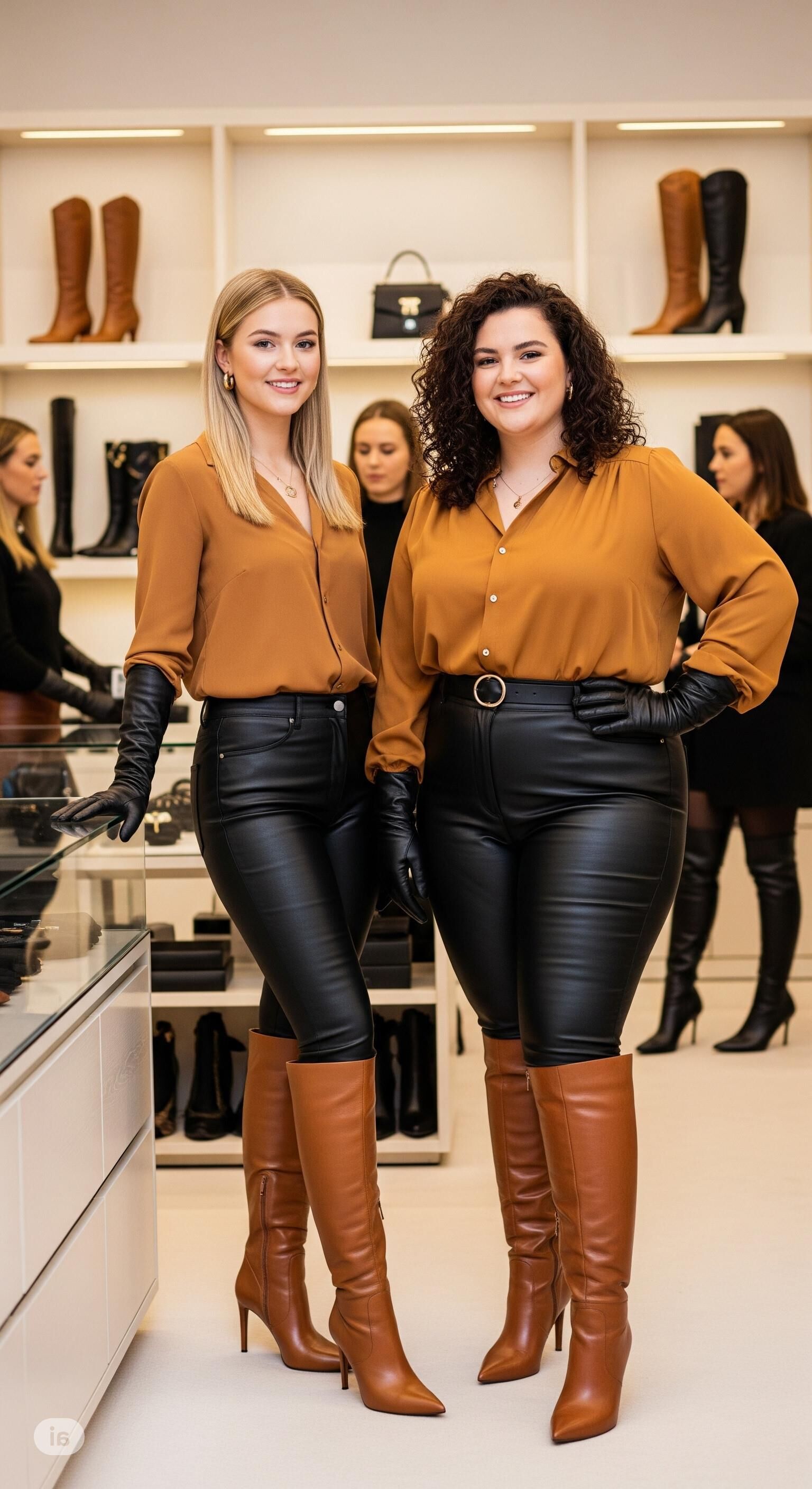 Caramel colored boots and leather trousers 