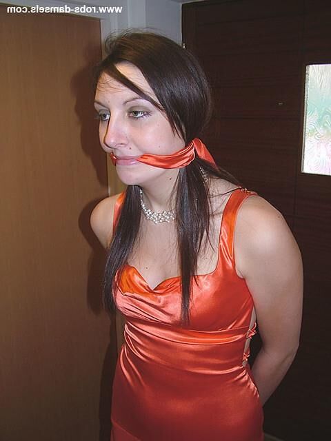 Manda Marie Bound in Orange Satin Dress