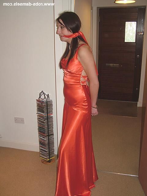 Manda Marie Bound in Orange Satin Dress