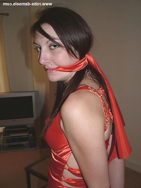 Manda Marie Bound in Orange Satin Dress