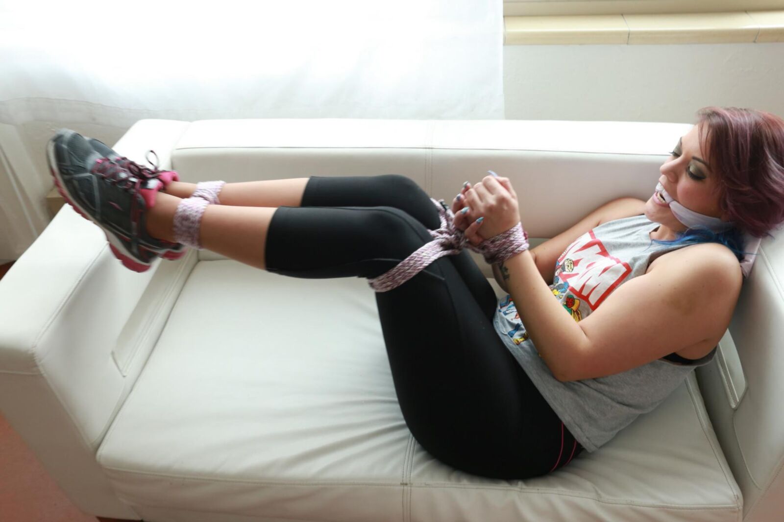 Brutally, perversely tied up in Leggings and Swimsuits 