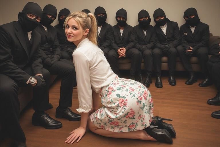 Femme chaude entourée d'hommes masqués