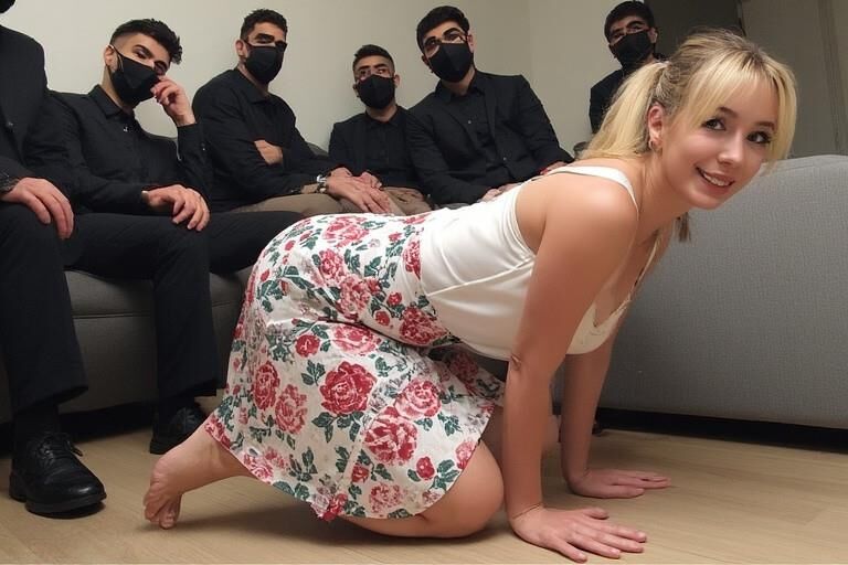 Femme chaude entourée d'hommes masqués