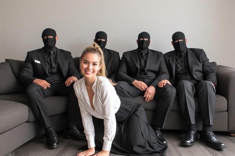 Femme chaude entourée d'hommes masqués