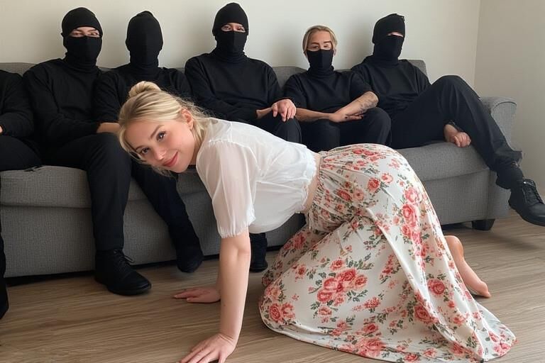 Femme chaude entourée d'hommes masqués