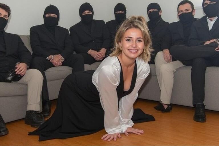 Femme chaude entourée d'hommes masqués