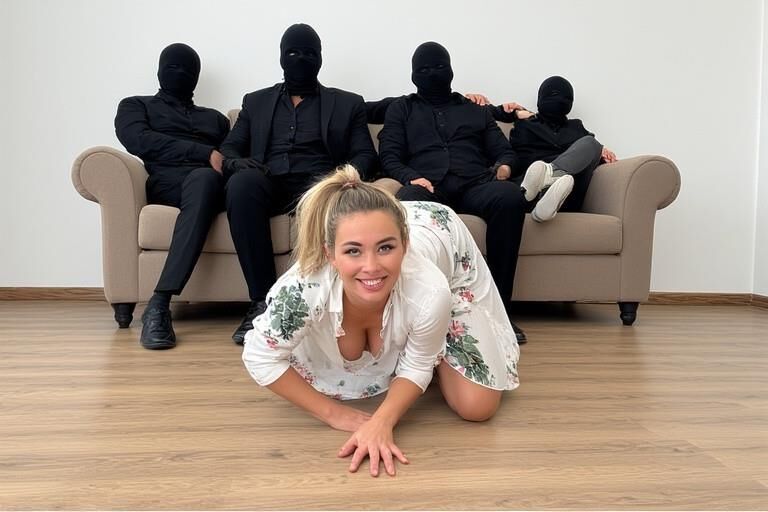 Femme chaude entourée d'hommes masqués